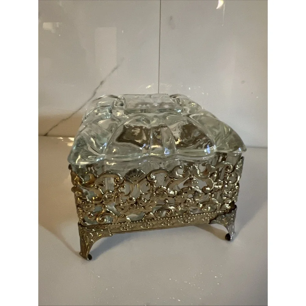 Victorian Style Brass Vanity Trinket Pressed Glass Footed Jewelry Lidded Box